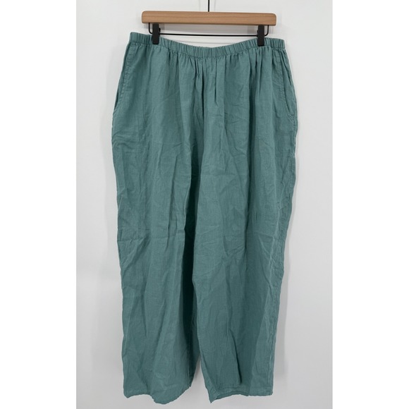 FLAX Pants Womens 22-24 2G Green Linen Elastic Waist Pockets Casual - Picture 1 of 10